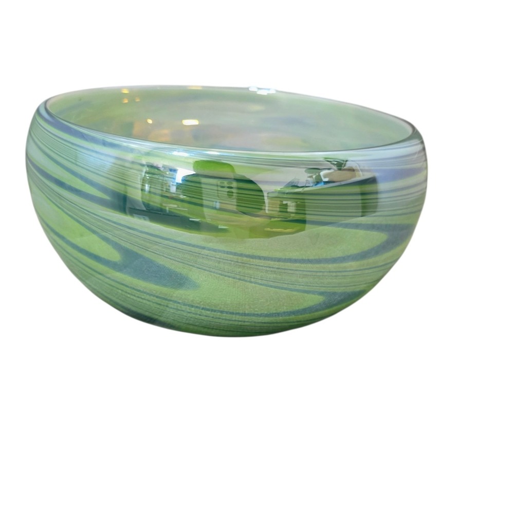 Vintage Green Blue Swirl Iridescent Art Glass Bowl Decorative Centerpiece 8"